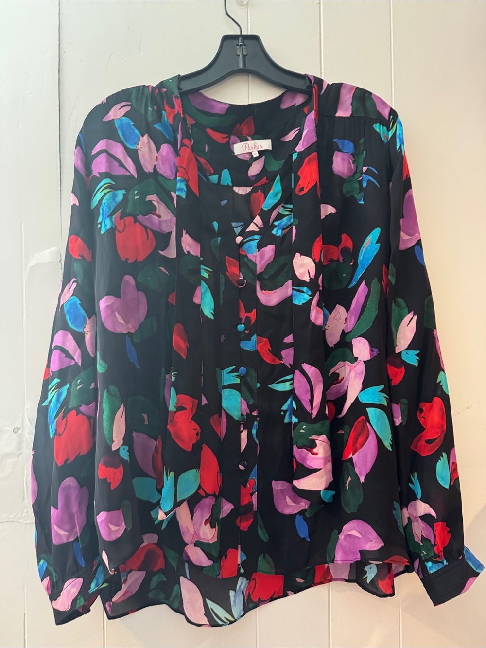Parker Black Floral Tie-Neck Blouse